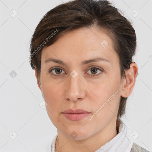 Neutral white adult female with short  brown hair and brown eyes