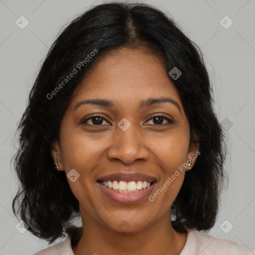 Joyful black young-adult female with medium  brown hair and brown eyes