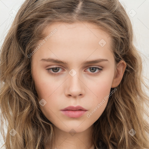 Neutral white young-adult female with long  brown hair and brown eyes