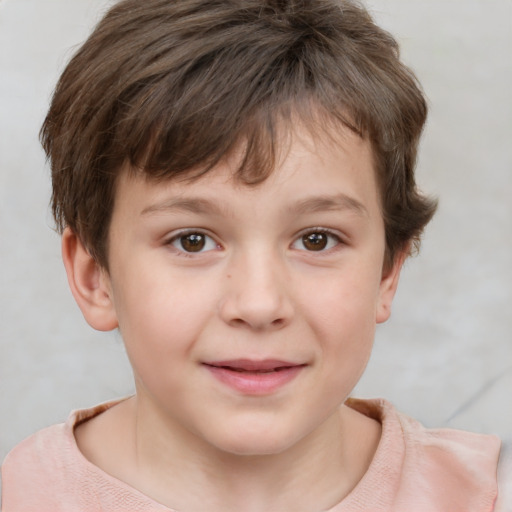 Joyful white child female with short  brown hair and brown eyes