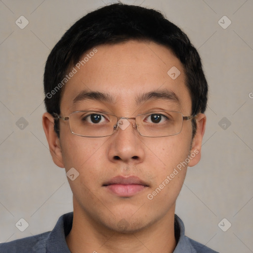 Neutral asian young-adult male with short  brown hair and brown eyes