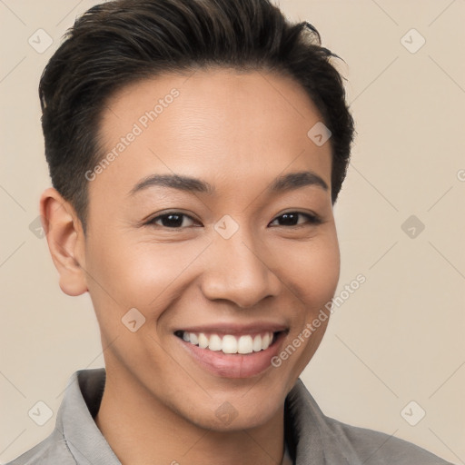 Joyful white young-adult female with short  brown hair and brown eyes