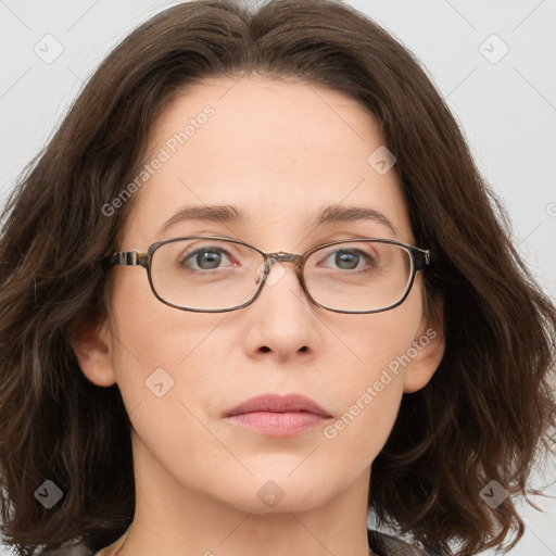 Joyful white adult female with long  brown hair and brown eyes