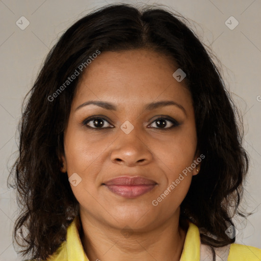 Joyful black young-adult female with medium  brown hair and brown eyes