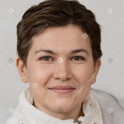 Joyful white young-adult female with short  brown hair and brown eyes