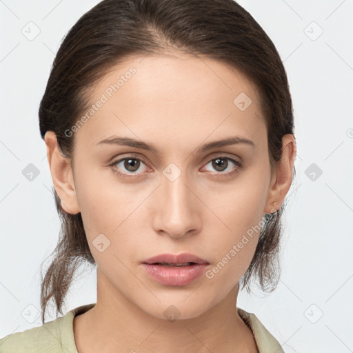 Neutral white young-adult female with medium  brown hair and brown eyes