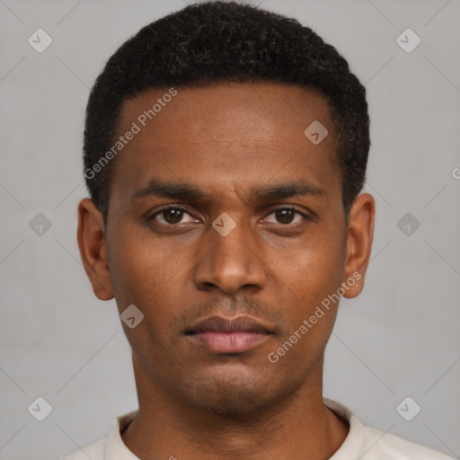 Neutral black young-adult male with short  black hair and brown eyes