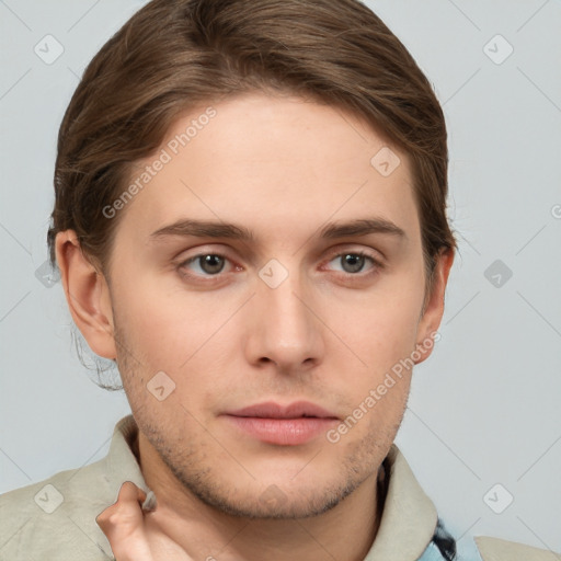 Neutral white young-adult male with short  brown hair and grey eyes