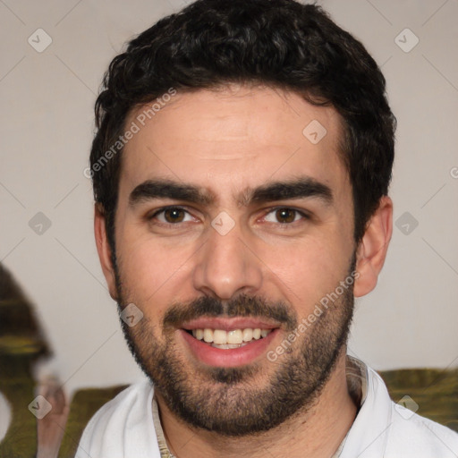 Joyful white young-adult male with short  black hair and brown eyes