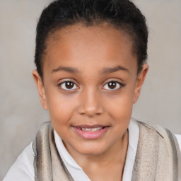 Joyful white child female with short  brown hair and brown eyes