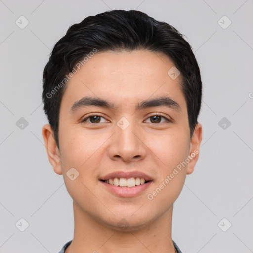 Joyful white young-adult male with short  black hair and brown eyes