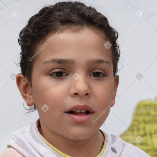 Joyful white child female with short  brown hair and brown eyes