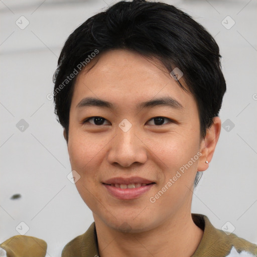 Joyful asian young-adult male with short  black hair and brown eyes