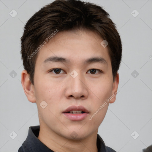 Neutral white young-adult male with short  brown hair and brown eyes