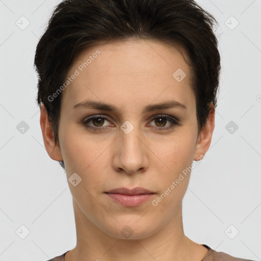 Neutral white young-adult female with short  brown hair and brown eyes