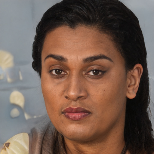 Neutral black young-adult female with long  brown hair and brown eyes