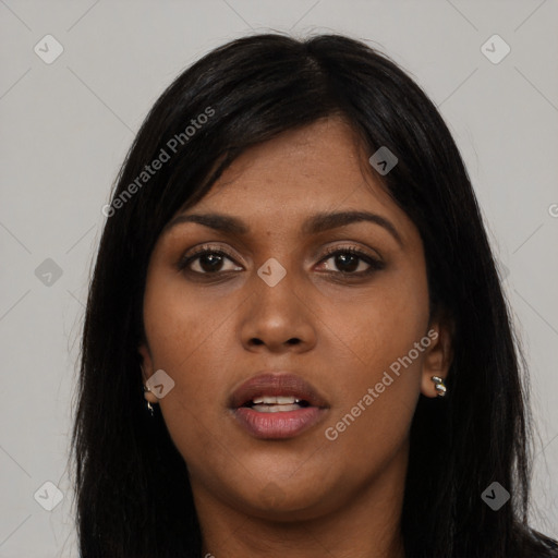 Neutral asian young-adult female with long  black hair and brown eyes