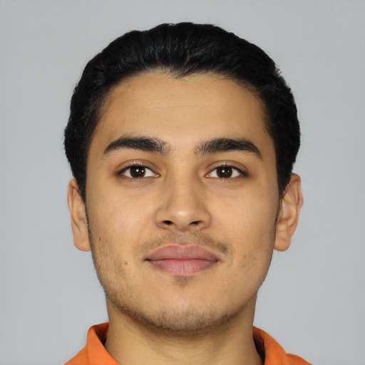 Neutral latino young-adult male with short  black hair and brown eyes