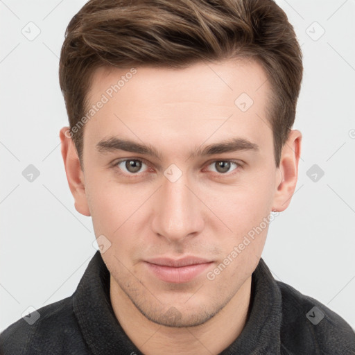 Neutral white young-adult male with short  brown hair and grey eyes