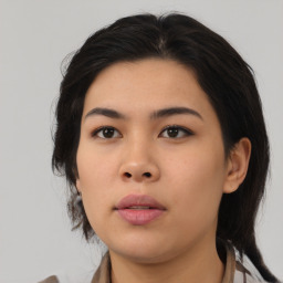 Neutral asian young-adult female with medium  black hair and brown eyes