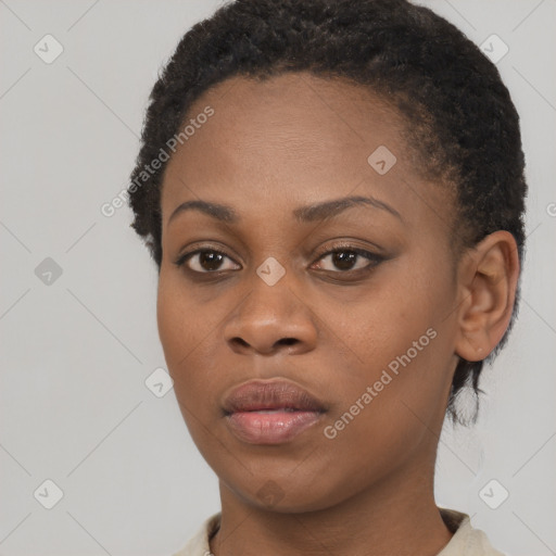 Neutral black young-adult female with short  black hair and brown eyes