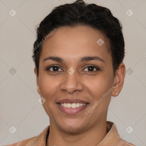 Joyful latino young-adult female with short  brown hair and brown eyes