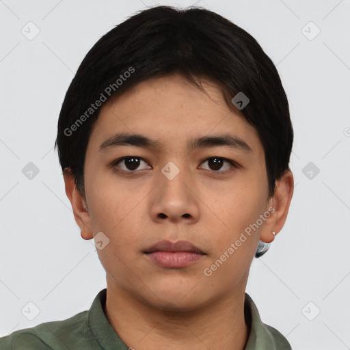 Neutral asian young-adult male with short  black hair and brown eyes
