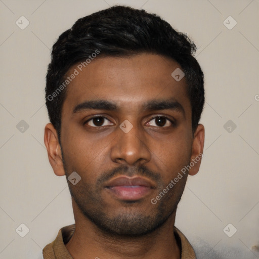 Neutral latino young-adult male with short  black hair and brown eyes
