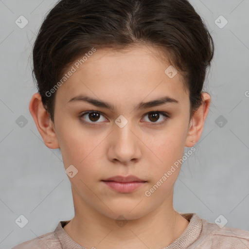 Neutral white young-adult female with short  brown hair and brown eyes