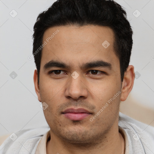 Neutral latino young-adult male with short  black hair and brown eyes