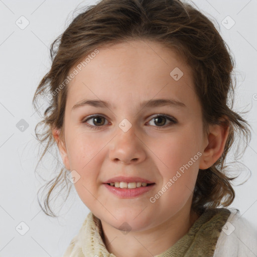 Joyful white child female with medium  brown hair and brown eyes