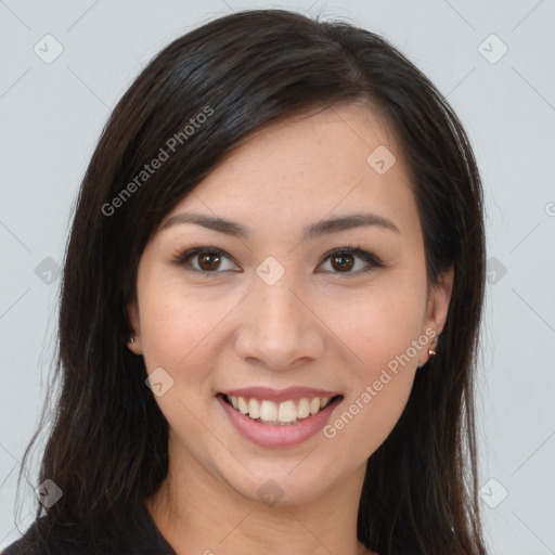 Joyful white young-adult female with long  brown hair and brown eyes