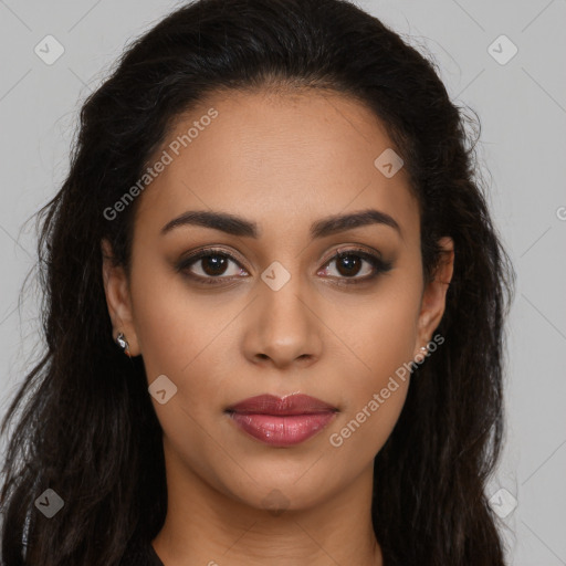 Joyful latino young-adult female with long  brown hair and brown eyes