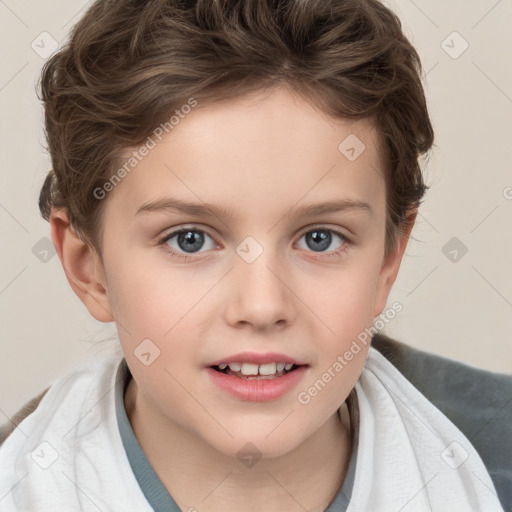 Joyful white child female with short  brown hair and brown eyes