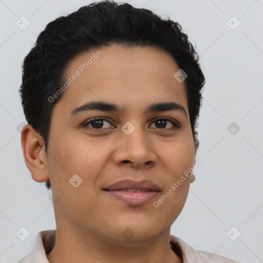 Joyful latino young-adult male with short  brown hair and brown eyes