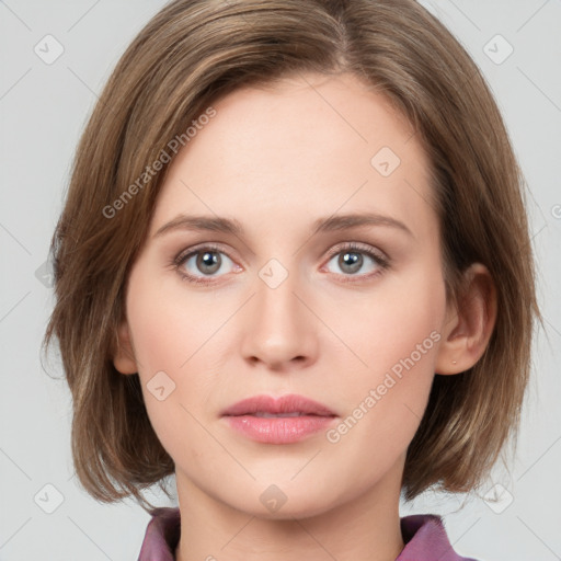 Neutral white young-adult female with medium  brown hair and grey eyes