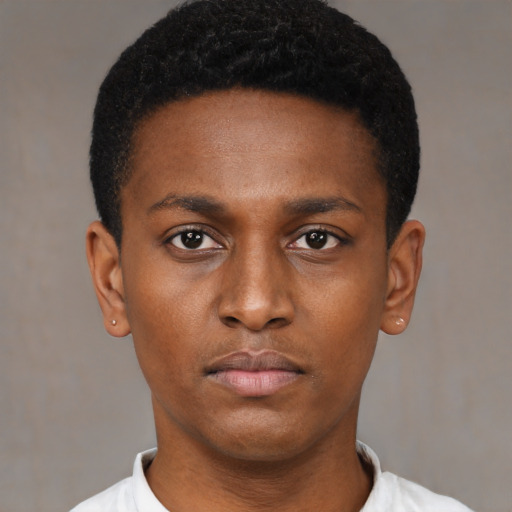 Neutral black young-adult male with short  black hair and brown eyes