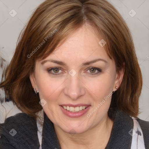 Joyful white adult female with medium  brown hair and blue eyes