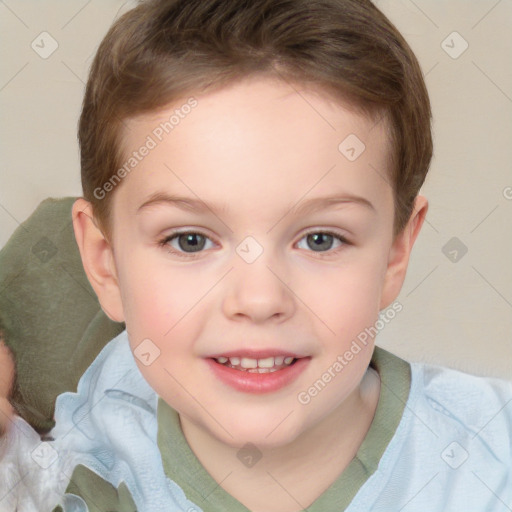 Joyful white child female with short  brown hair and brown eyes