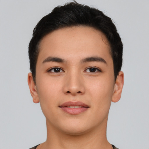 Neutral asian young-adult male with short  brown hair and brown eyes