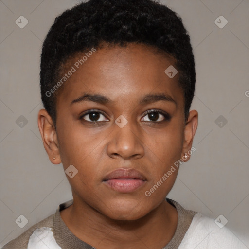 Neutral black young-adult female with short  brown hair and brown eyes