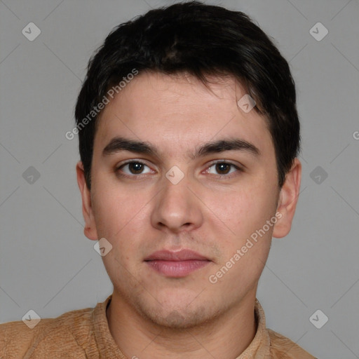 Neutral white young-adult male with short  brown hair and brown eyes