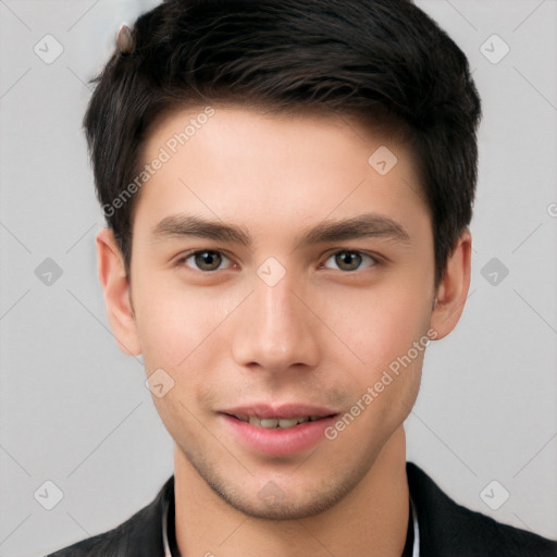 Joyful white young-adult male with short  brown hair and brown eyes