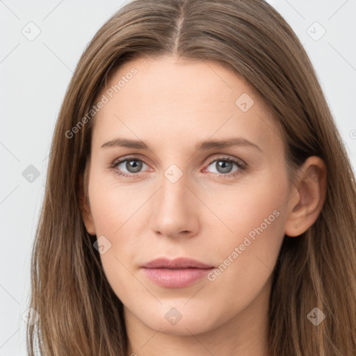 Neutral white young-adult female with long  brown hair and grey eyes