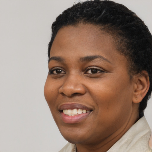 Joyful black young-adult female with short  black hair and brown eyes