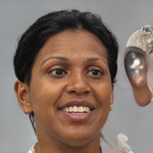 Joyful black adult female with short  brown hair and brown eyes