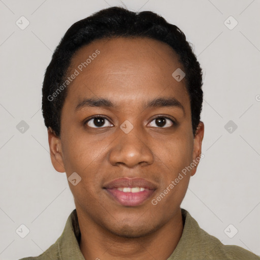 Joyful black young-adult male with short  black hair and brown eyes