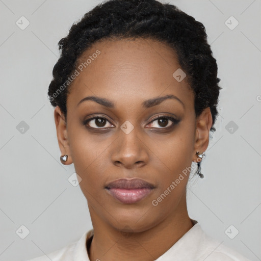 Neutral black young-adult female with short  black hair and brown eyes