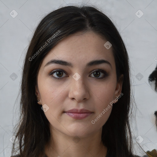 Neutral white young-adult female with medium  brown hair and brown eyes