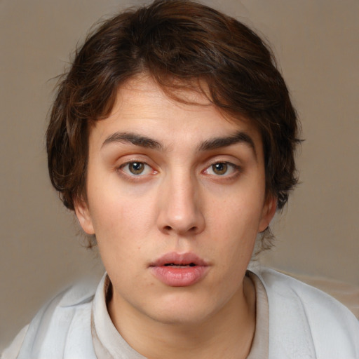 Neutral white young-adult female with medium  brown hair and brown eyes